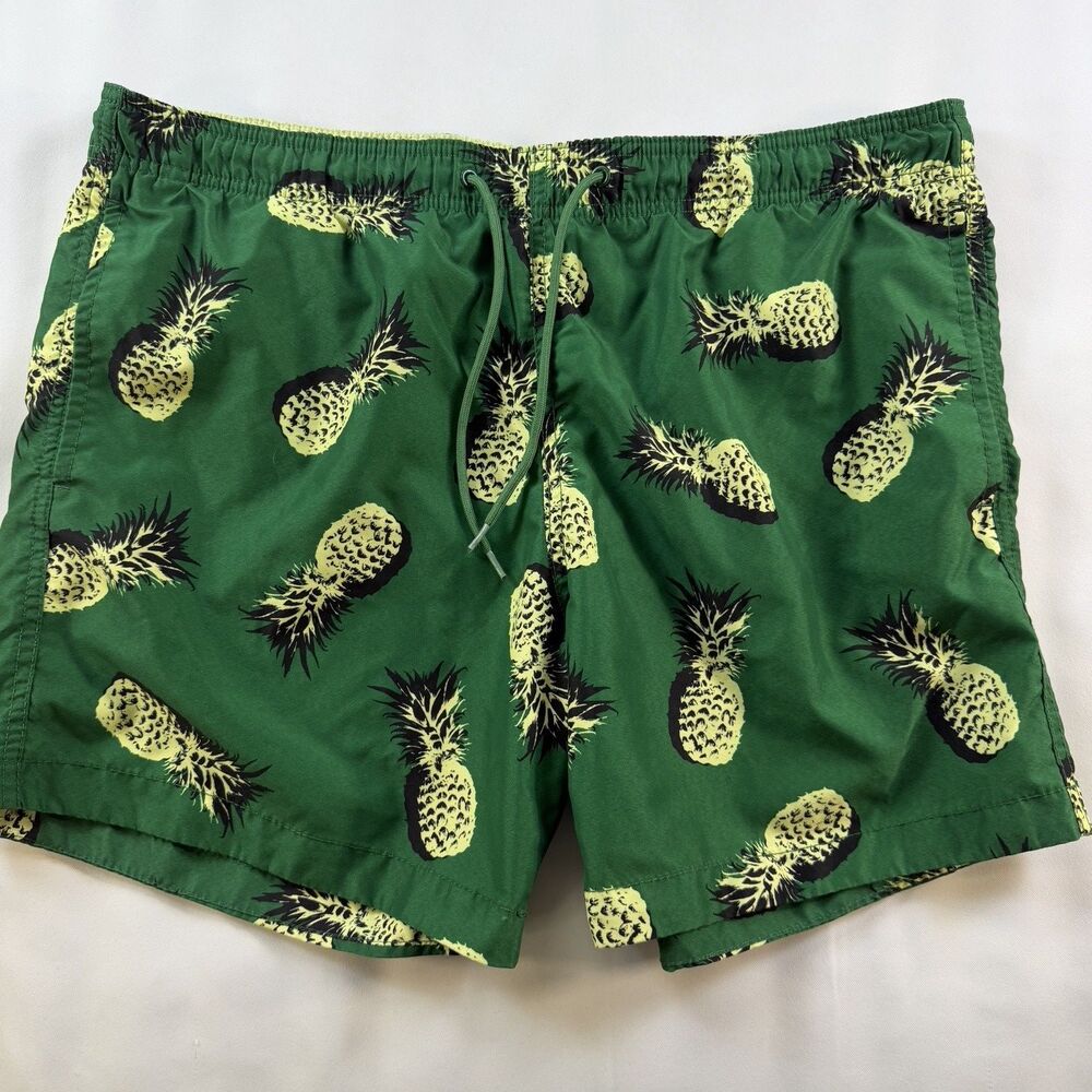 H&M Men's Swim Trunks Medium M Green Yellow Pineapple Beach Shorts Mesh Lined